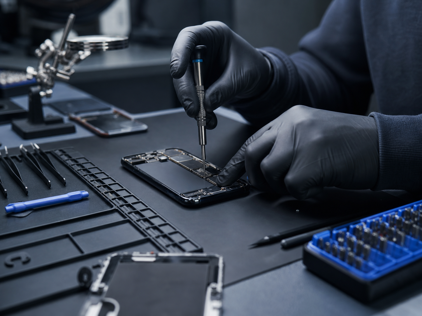 Technician repairing the inside of a smartphone at a workbench